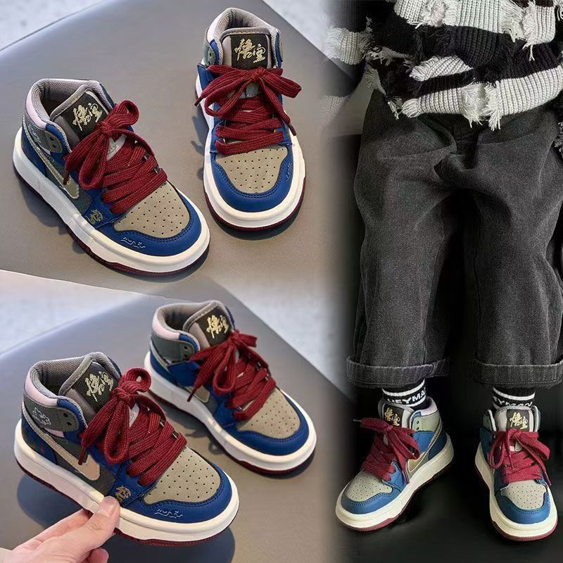 Boys' mythical monkey king high-top sneakers,  autumn/winter new collection, kids' athletic shoes, double-layer cotton fleece lined, aj style for girls