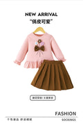 girls' skirt set: pink lace long-sleeve top with brown pleated skirt and floral appliqué - two-piece outfit for kids