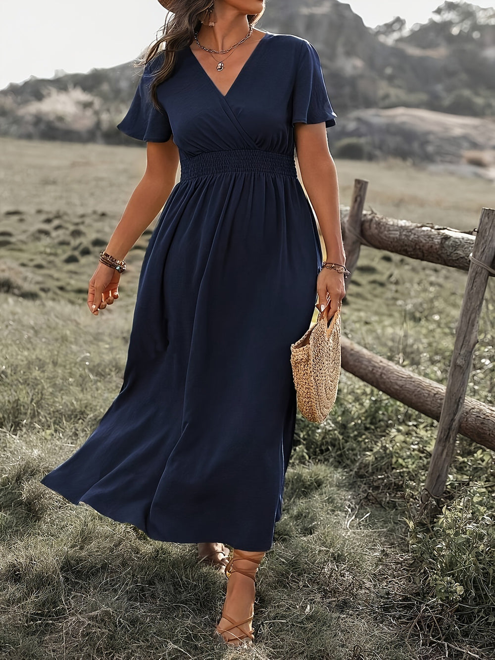 2024 european and american cross-border amazon summer new arrival: solid color v-neck flared sleeve elastic waist slimming slit maxi dress