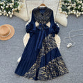 Miya european and american dress women's 2025 autumn tie-waist collared 3d floral lantern sleeve pleated maxi dress