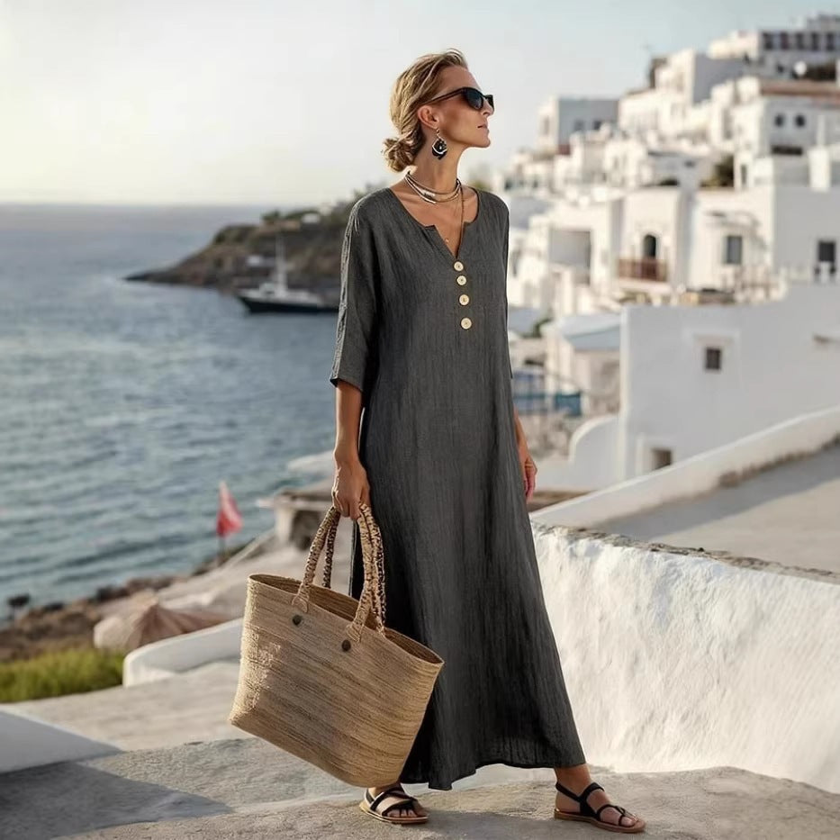 effortless chic european & american style cross-border dress - fashionable v-neck maxi dress, relaxed fit, elegant, perfect for everyday wear, travel, and vacation