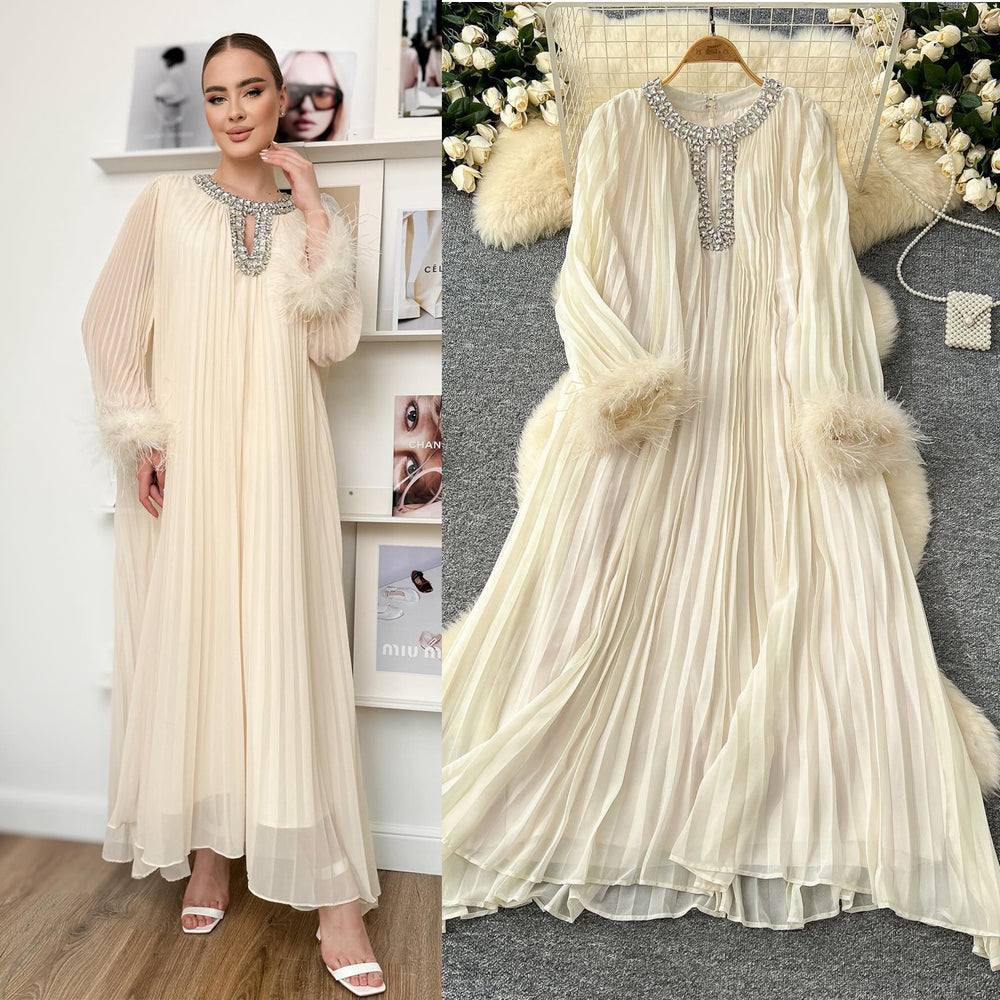 European and american cross-border  autumn new arrival: elegant solid color dress - round neck, rhinestone embellished, loose fit, faux fur trim, pleated maxi dress