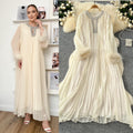 European and american cross-border  autumn new arrival: elegant solid color dress - round neck, rhinestone embellished, loose fit, faux fur trim, pleated maxi dress