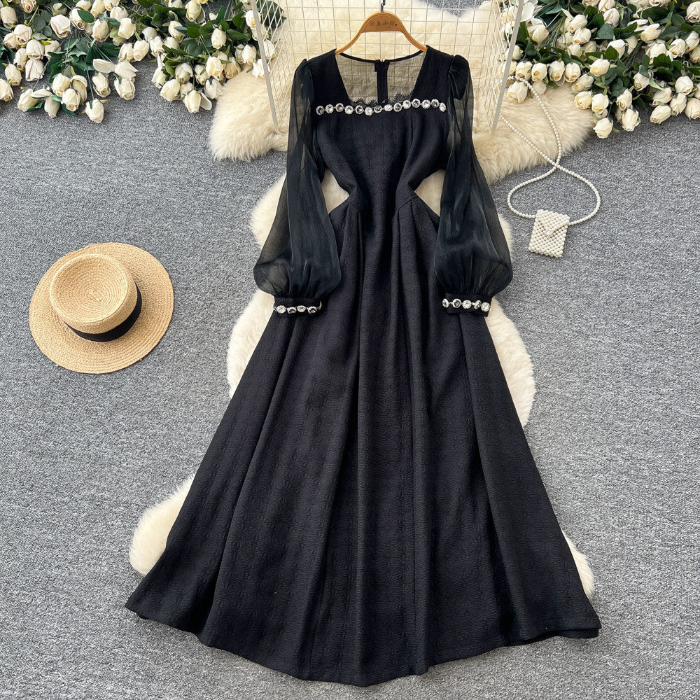 French gentle style heavy industry beading lantern sleeve dress women's k-style slimming lookhigh waista line elegance long skirtelegant