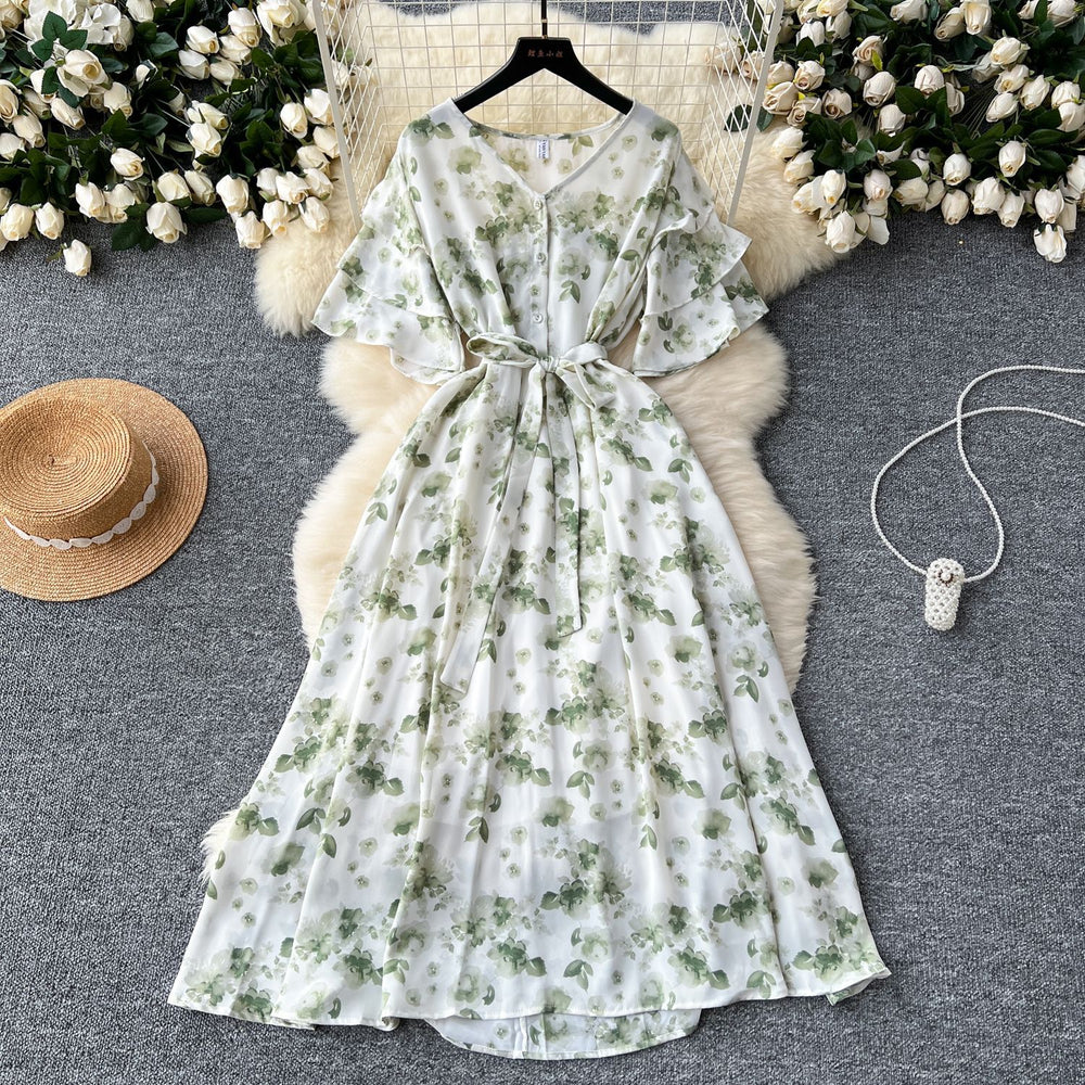 Gentle style female niche styleretro tea break v neck bell sleeves tie back waist slimming look a-line large swing floral dress for women