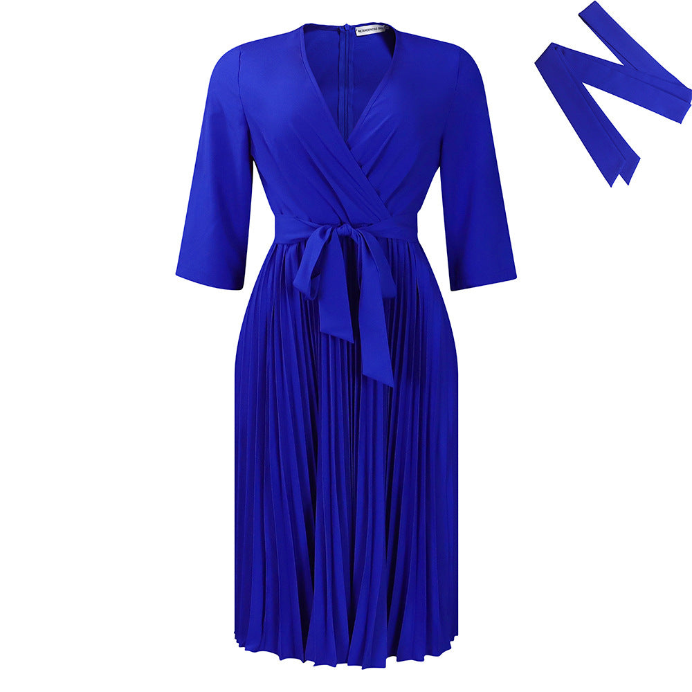 D430 women's foreign trade dress,  autumn new arrival, solid color pleated tie-up plus size v-neck elegant african style dress