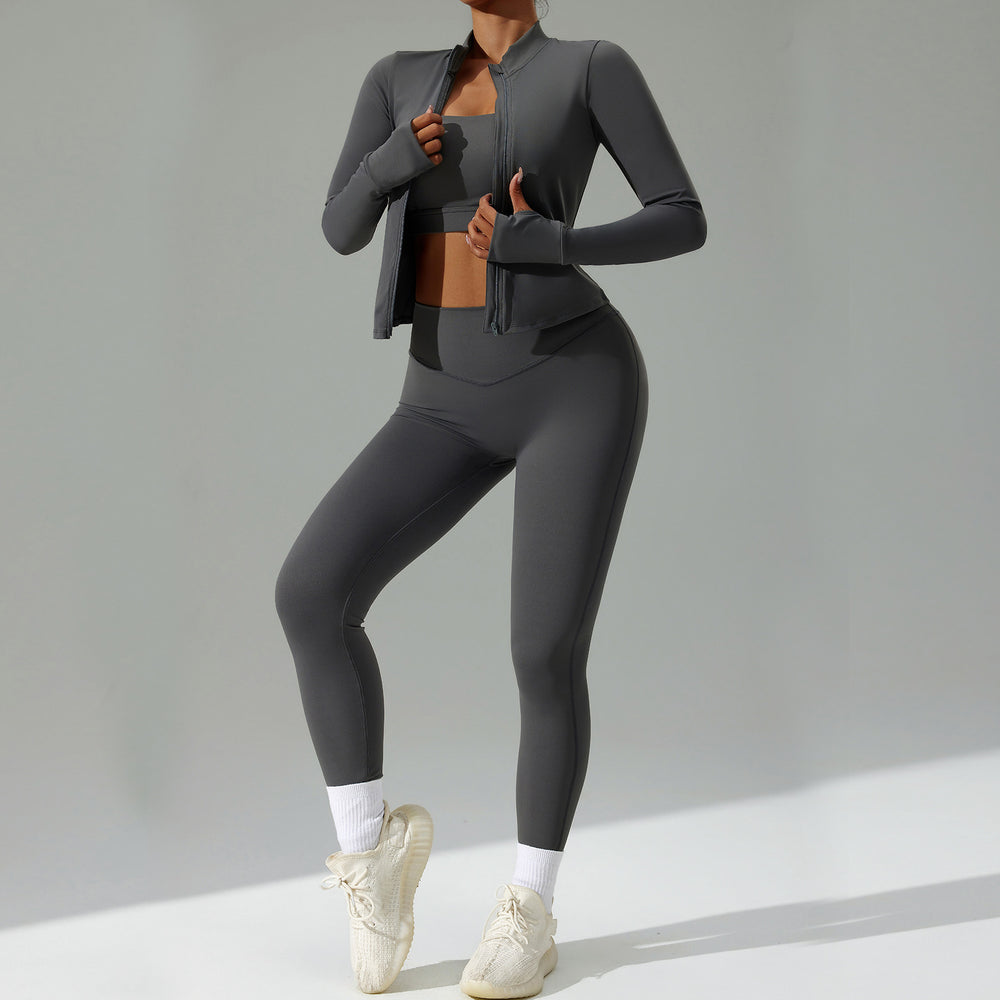 new women's tight-fitting yoga set - cardigan running sportswear set, quick-dry fitness outfit, three-piece set