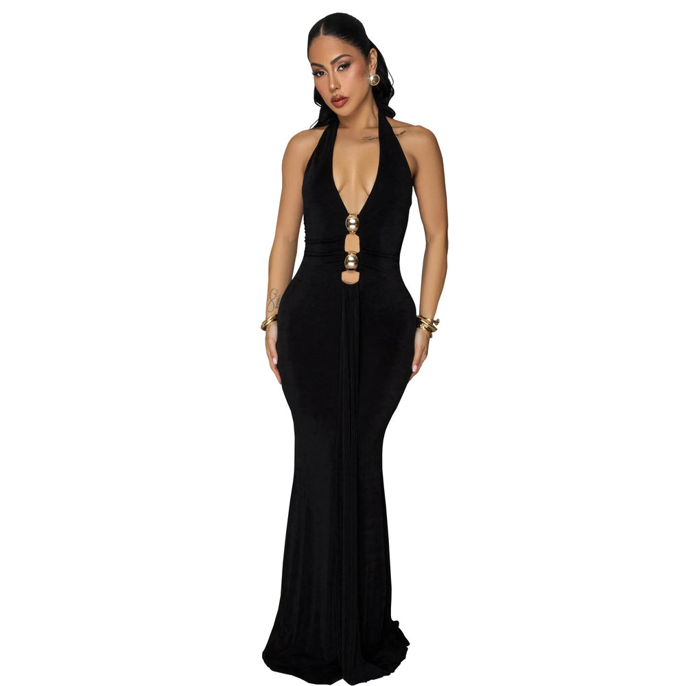 C7599 cross-border   fashion women's sexy backless halter deep v solid color dress
