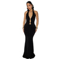 C7599 cross-border   fashion women's sexy backless halter deep v solid color dress