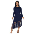 C7533 cross-border   fashion women's slim-fit solid color crew neck tassel hem dress