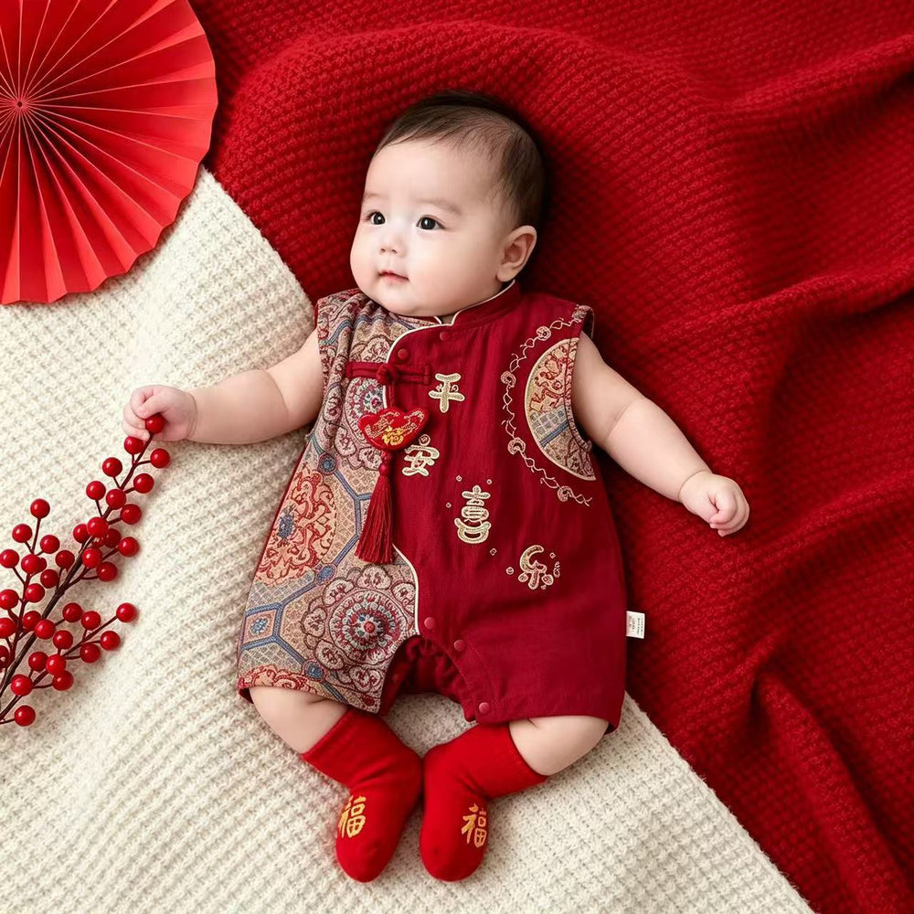 New chinoiserie baby boy thin jumpsuit summer clothes festive baby clothes summer full moon 100-day banquet first birthday dress