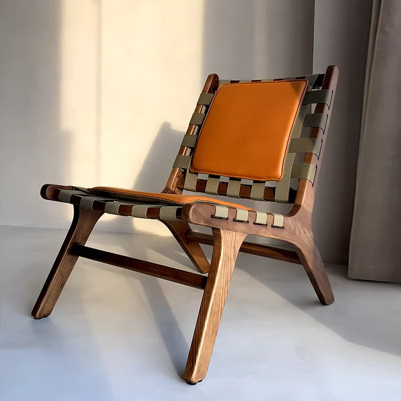 Retro solid wood casual chair genuine leather saddle leather single chair accessible luxury woven sofa chair home b&b canvas single chair