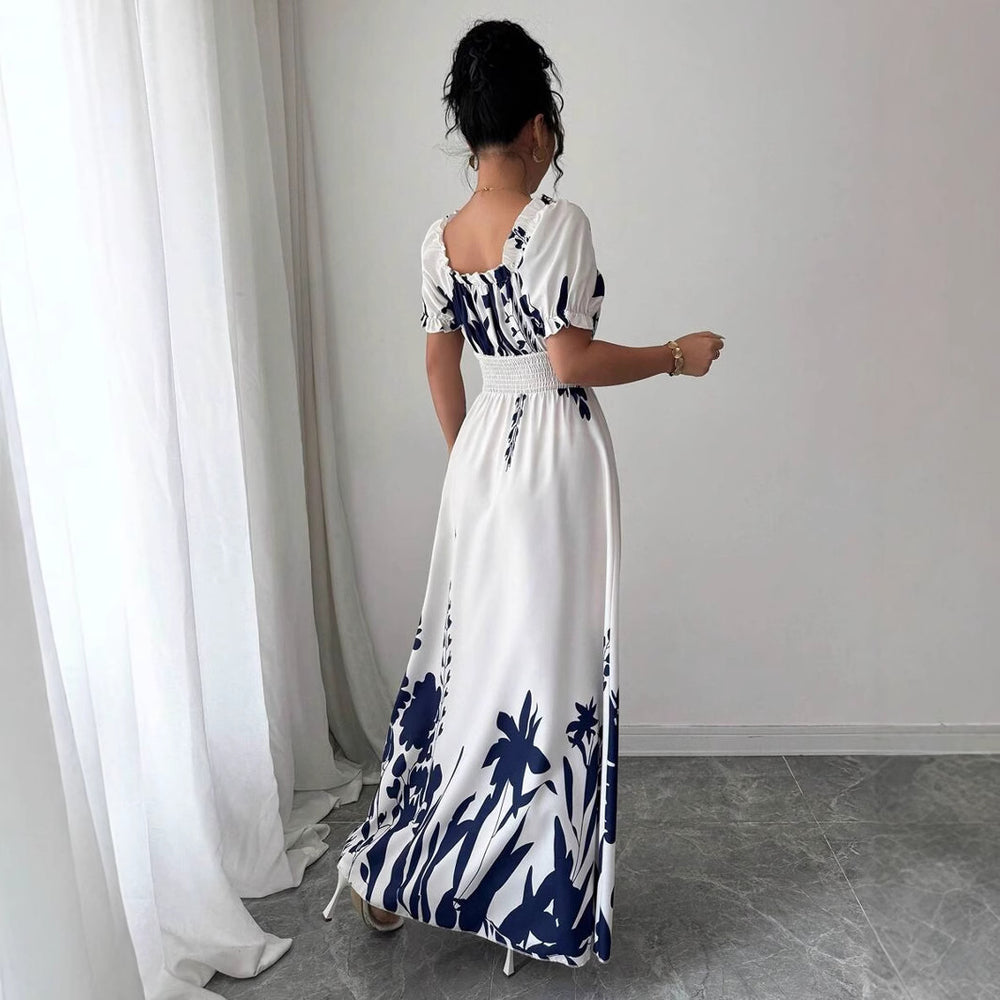 summer  fashion new arrival puff sleeve high waist waist printing women's large swing suspender dress