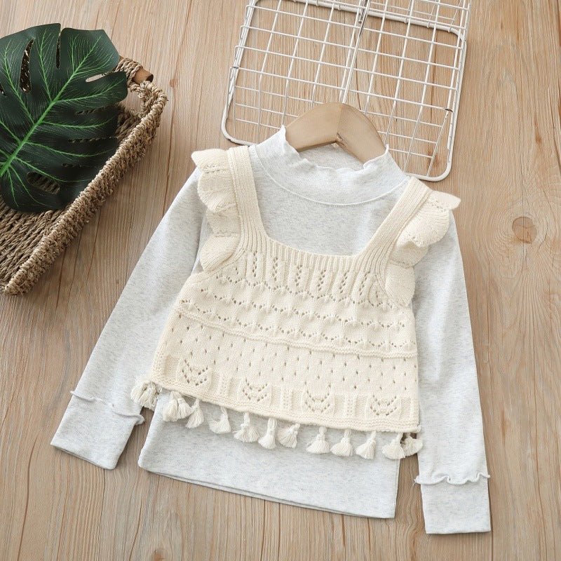 Girls' spring/autumn sweater set: sweet princess collar knit vest with ruffle trim and tassel detail (two-piece outfit)