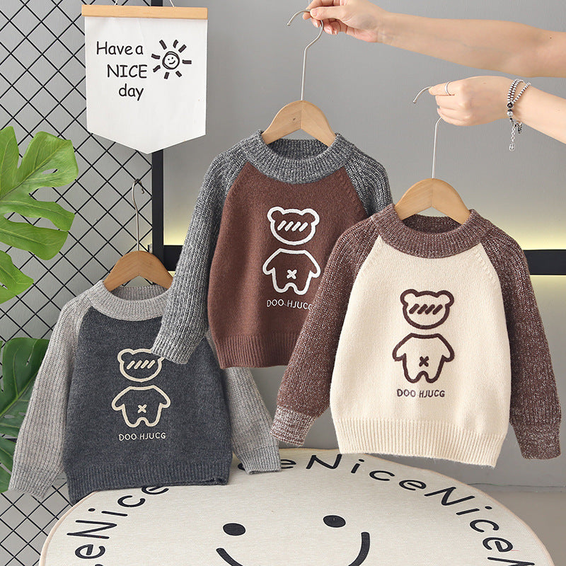 Kids' fleece-lined sweater:  winter collection - thickened pullover knit top, korean style, boys' crew neck wool sweater