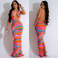 C6882 cross-border   fashion women's printed sleeveless deep v backless maxi dress