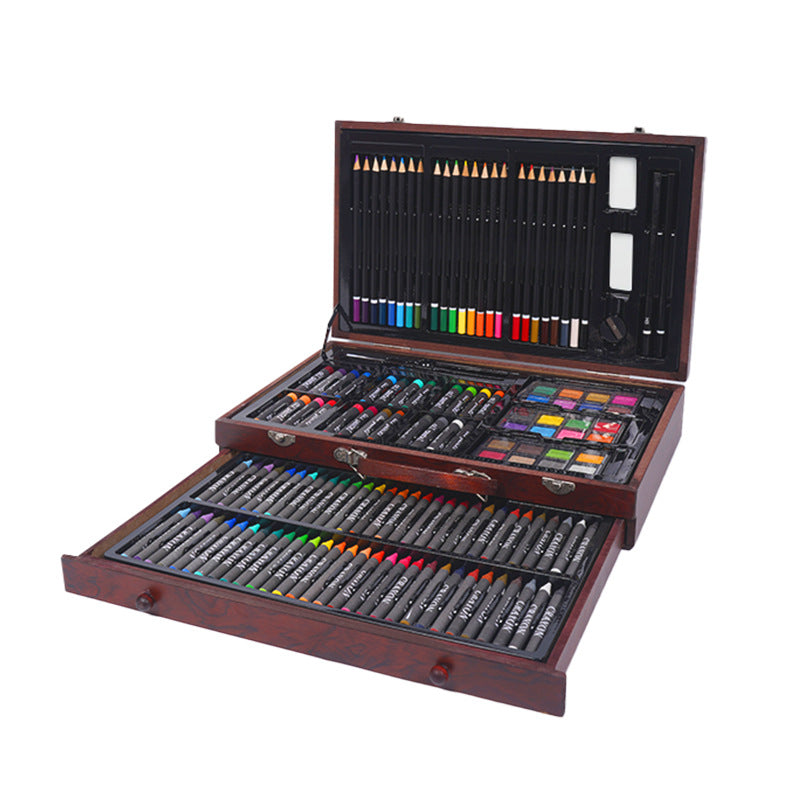 Brush wholesale, no dirty hands, crayon oil painting stick set 140 pieces wooden box, children's art painting color pencil set