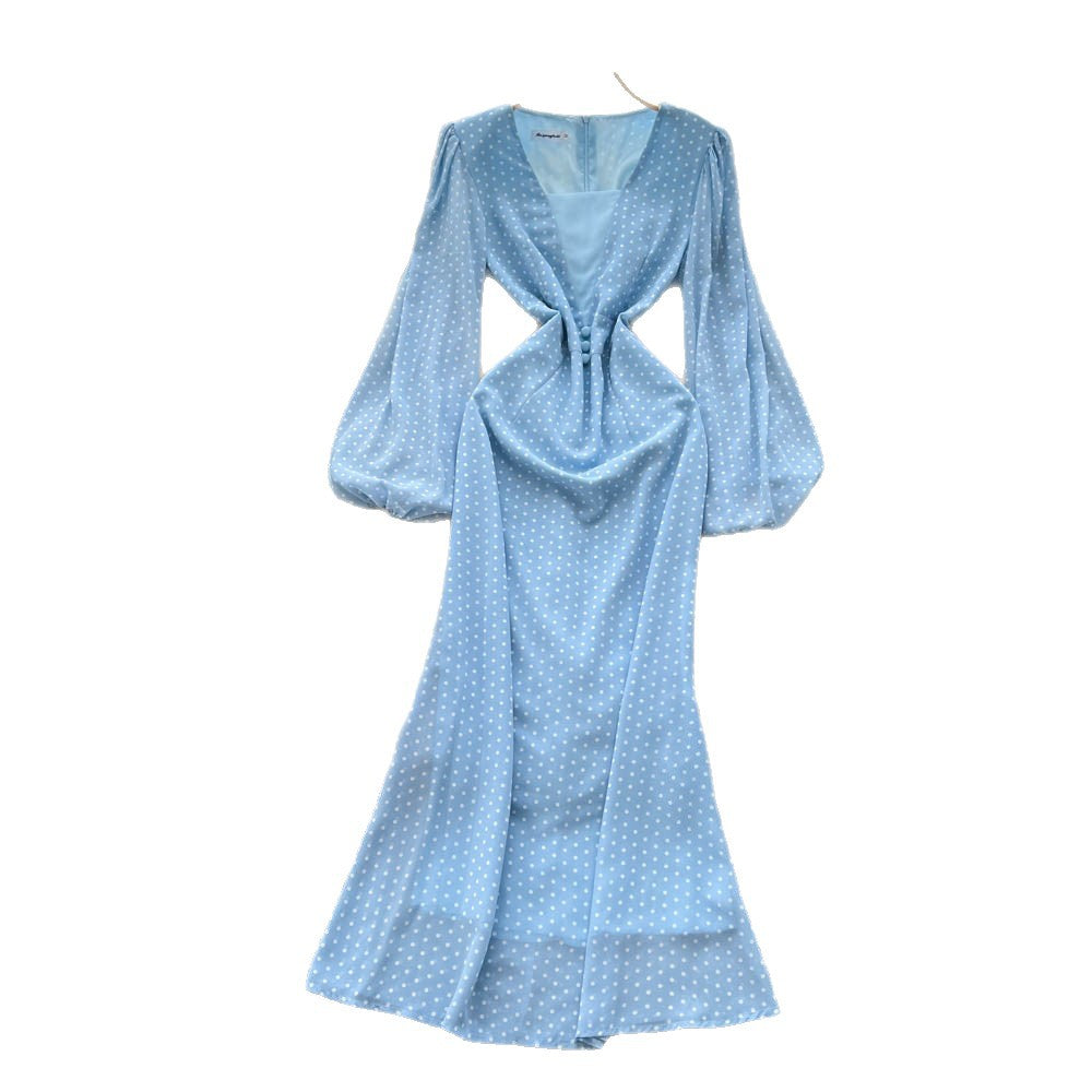 French chic v-neck patchwork lantern sleeve printed dress - slim fit, elegant, long mermaid skirt
