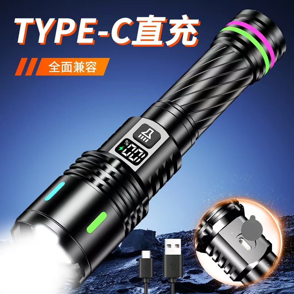 Cross-border new strong light flashlight charging outdoor digital display colorful portable zoom patrol long-range flashlight
