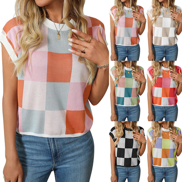 Cross-border   2025 summer hat sleeves exposed navel short sleeves color block round neck knitted checkerboard sweater short