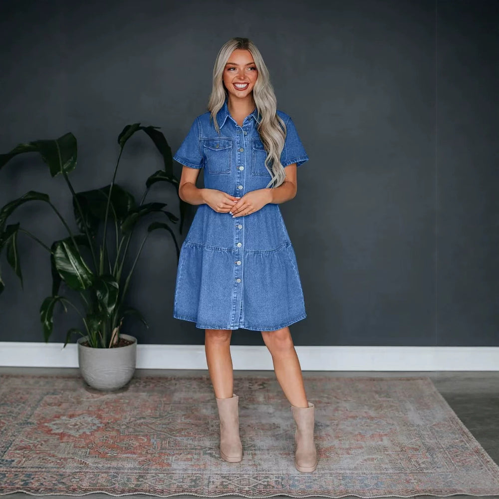 Amazon fashion independent station   fashion short sleeve multi button multi flap pocket pants skirt denim dress