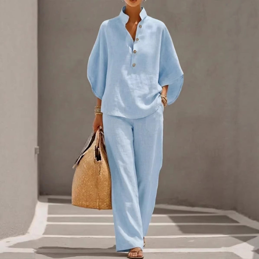 summer new european and american cross-border women's clothing casual loose solid color cotton linen turn-down collar wide leg pants fashion set