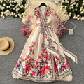 European and american retro court style dress - women's spring/autumn french tie-waist v-neck lantern sleeve printed maxi dress