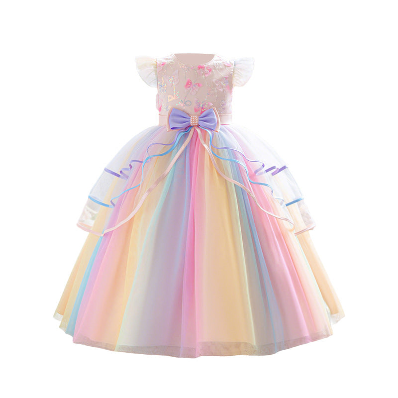 Export style girl dress colorful mesh gradient fashion tutu skirt kids princess skirt longin stock small flying sleeves
