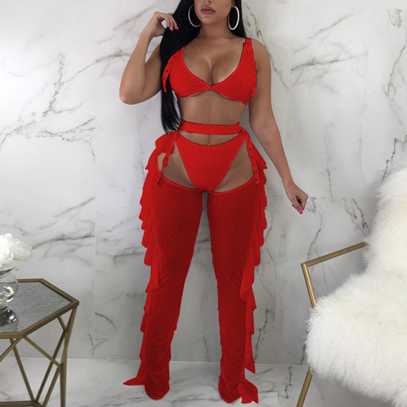 new arrival: cross-border  fashion - european & american style sexy mesh beaded ruffle trim bodycon set - tiktok trending