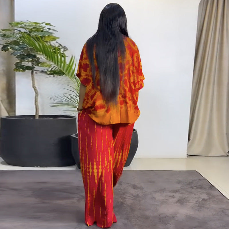 European and american cross-border african women's clothing  spring new casual v-neck loose printed top and wide-leg pants set