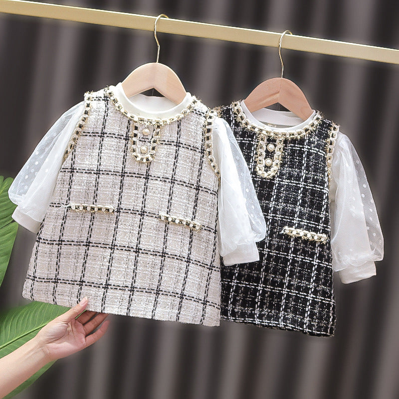 Girls' chanel-inspired dress, new spring long-sleeve two-piece set, korean style baby girl plaid outfit