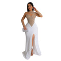 C6825 cross-border   fashion women's solid color mesh rhinestone slit maxi dress