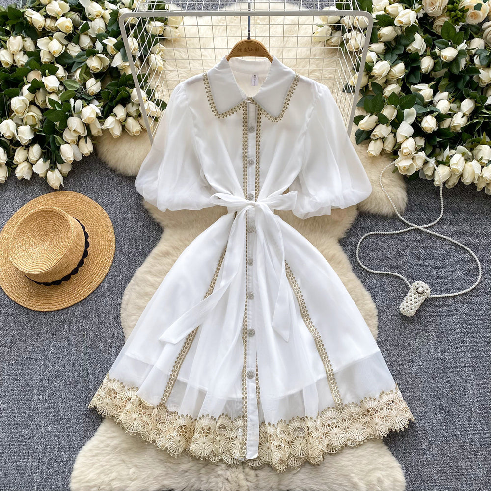 summer women's vintage-inspired court style dress: exquisite lace patchwork, tie-waist, lantern sleeves, and mesh overlay