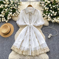 summer women's vintage-inspired court style dress: exquisite lace patchwork, tie-waist, lantern sleeves, and mesh overlay