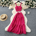 Sweet and gentle women's outfit: tie-neck square collar camisole crop top + high-waisted pleated midi skirt two-piece set