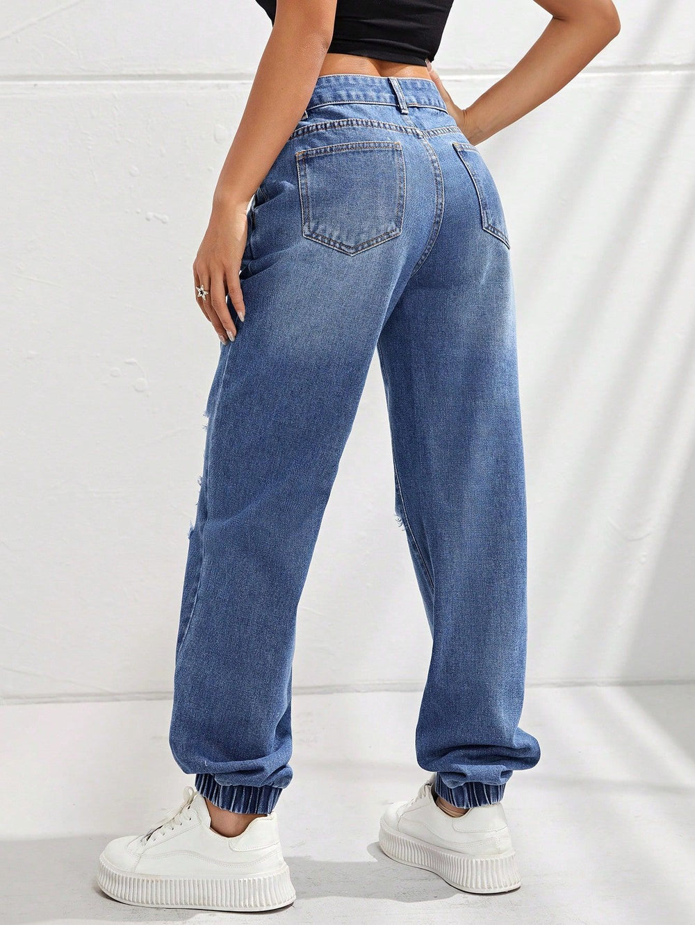 15081#  cross-border women's fashion ins new high-waisted slimming distressed jogger jeans