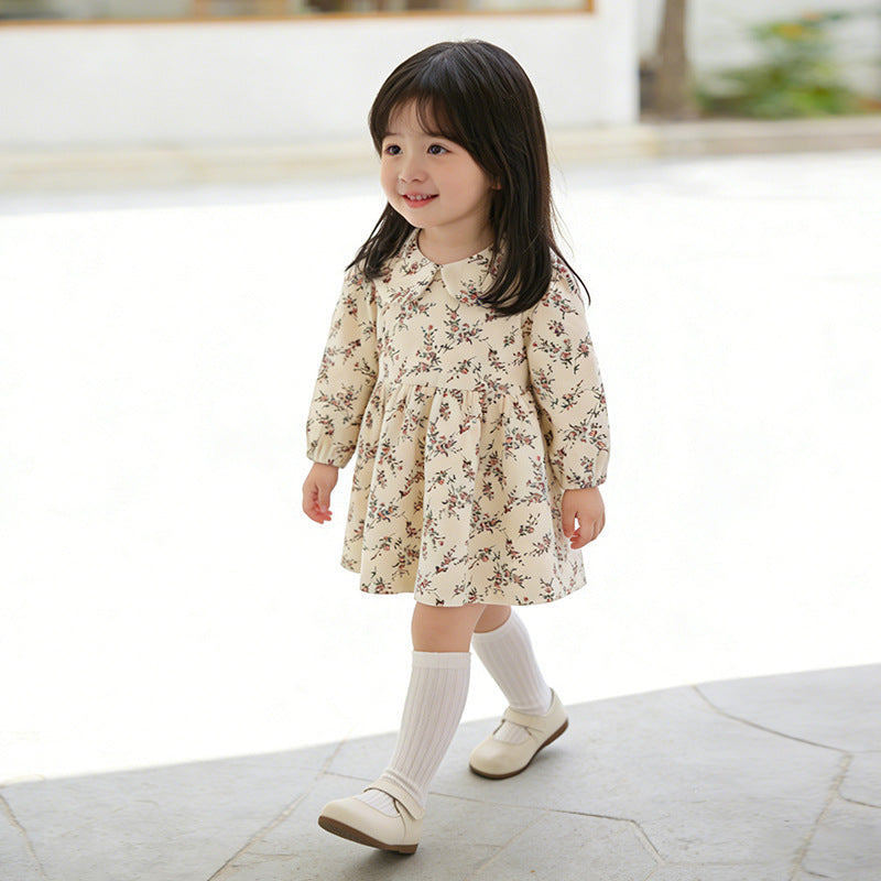 Girls' spring dress: new floral print ruffle collar princess dress for baby girls, spring and autumn little girl's skirt, children's clothing