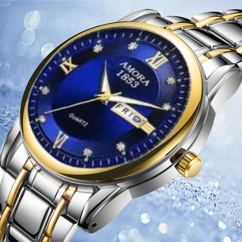 Xiangshiman fully automatic movement non-mechanical men watch double calendar luminous waterproof business steel wrist quartz watch