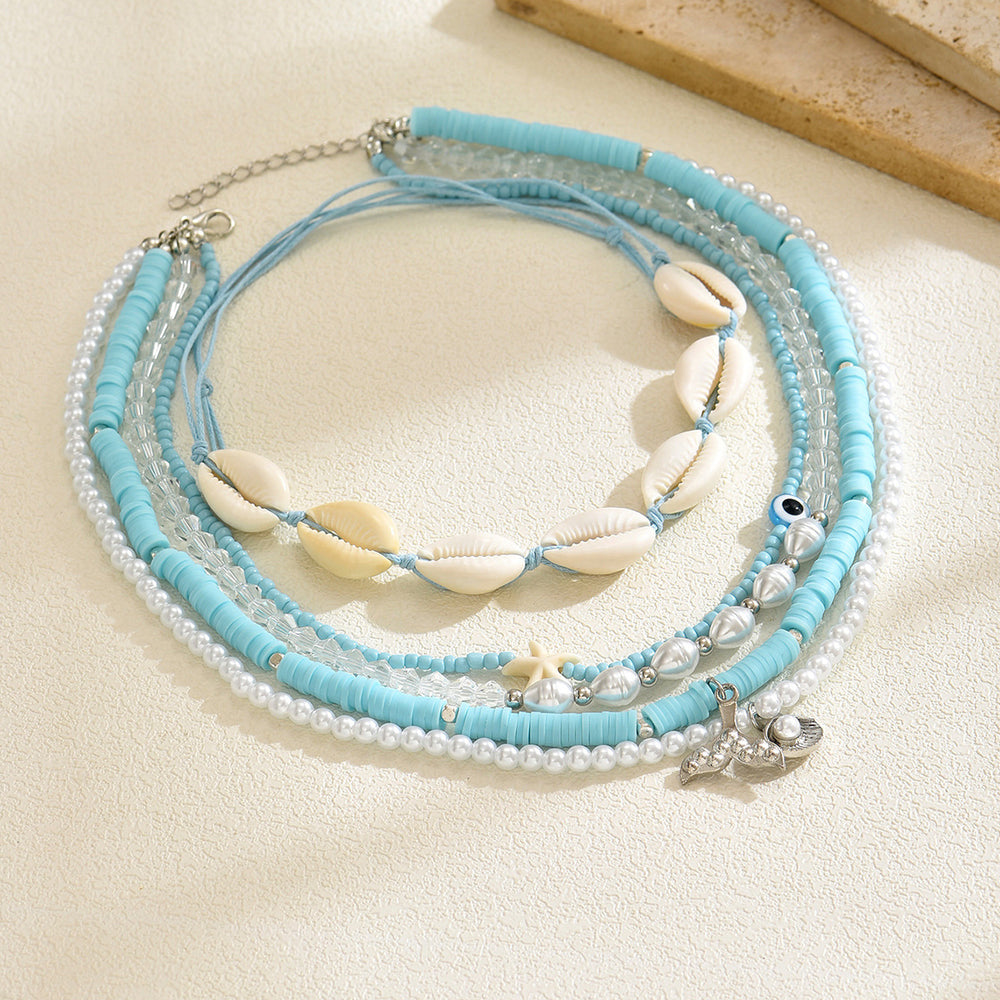 Blue bohemian necklace wholesale - european & american style, perfect for beach, soft clay, pearl & shell, layered necklace