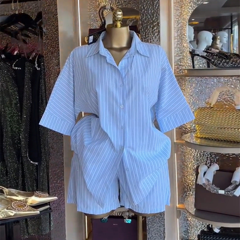European and american cross-border women's fashion:  autumn new collection - stylish turn-down collar striped short-sleeve shirt and wide-leg shorts casual set