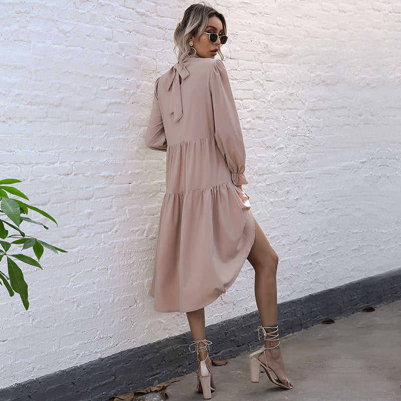 Europe, America, hot-selling  independent station  fashion women's clothing solid color long-sleeved irregular semi-turtleneck dress