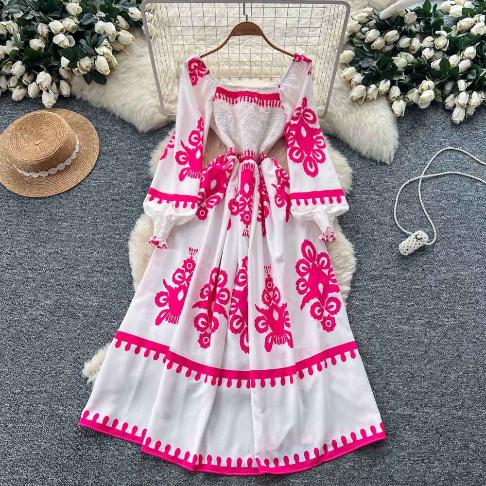 Vintage print long sleeve korean style square neck dress - women's summer a-line bohemian maxi dress with cinched waist