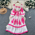 Vintage print long sleeve korean style square neck dress - women's summer a-line bohemian maxi dress with cinched waist