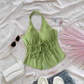 Fashion cross-border exclusive holiday style halter vest frenchretro drawstring waist backlesspure colortopsbackless