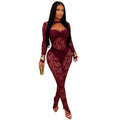 C7637 cross-border   fashion women's sexy see-through lace bodycon jumpsuit