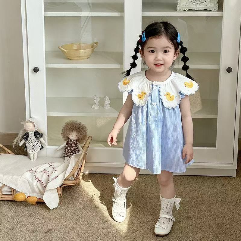 Summer girls' sweet princess dress, baby girl doll collar dress, lightweight infant outing cute cartoon dress