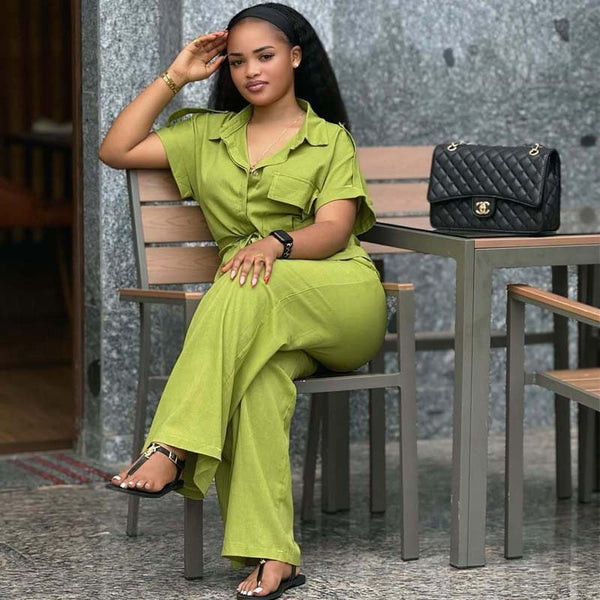 casual Africa new suit solid color lapel top large size casual trousers two-piece set European and American women's clothing