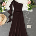 Women's sophisticated satin dress - one-shoulder, flowing ribbon, slimming waist, long formal dress