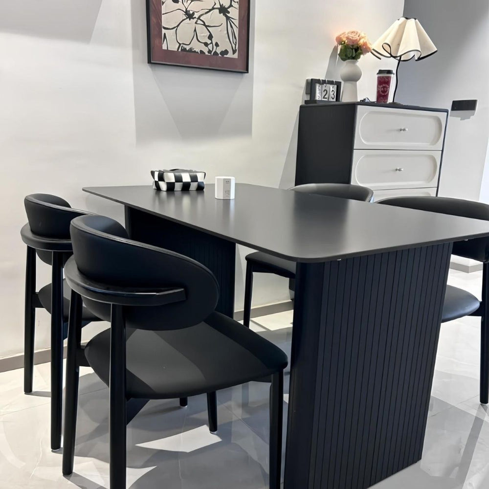 Modern minimalist sintered stone dining table with black dining chairs set - premium small apartment italian-style rectangular dining table for home and b&b