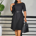 D567export women's clothing fashionpure colorfashioneleganthalf length sleeve high waist pleated work clothinghigh waist cross-border dress